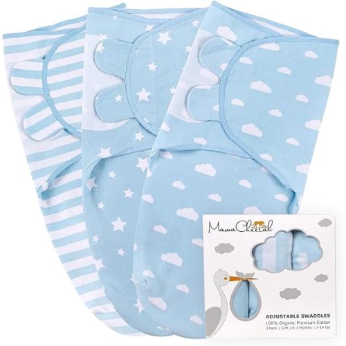 Mama Cheetah Baby Swaddle Sack, Organic Swaddle Blanket, Newborn Swaddling Sleep Sacks, Adjustable Infant Swaddle Wrap, Easy Swaddles for Boy 0-3 Month, Baby Essentials, Nursery Swaddling 3-Pack, Blue