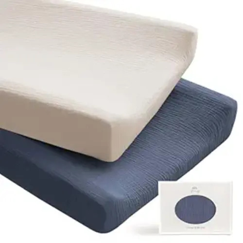 Konssy 2 Pack Muslin Changing Pad Covers for Boys, Ultra Soft & Breathable Cotton Baby Diaper Changing Table Covers, Neutral Nursery Diaper Changing Pad Sheets(Navy, Cream)