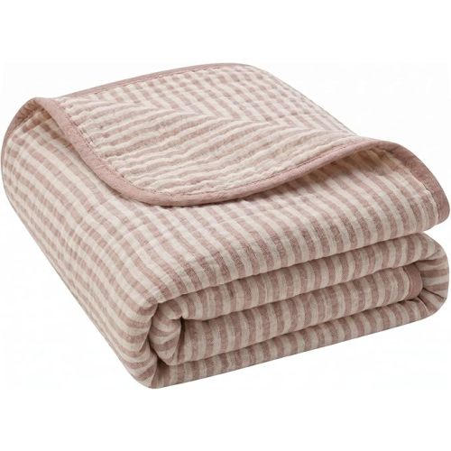 Ultra Soft Muslin Baby Blanket - Made with Organic Cotton, Earthy Botanicals Jacquard Swaddle & Crib Quilt, 43x43 (Dusty Pink Stripes)