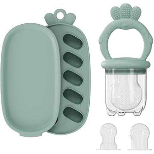 Baby Food Fruit Feeder, Breastmilk Baby Popsicle Molds, Silicone Teether Freezer Tray Food Feeder Pacifier for Teething Relief (Green)