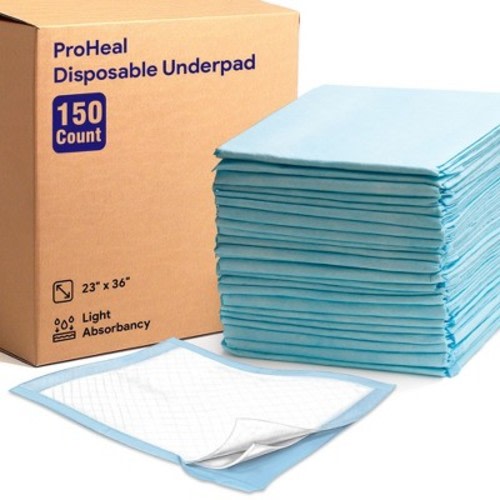 ProHeal Plus Light Fluff Underpad, Incontinence Bed Pad, Leak Proof Poly Backing, 23" x 36" - 150 Pack