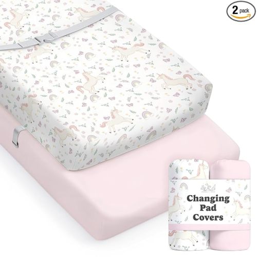 Baby Changing Pad Cover 2-Pack for Boys, Girls (Unicorn Blossom) - Premium Fitted Sheets Baby Diaper Changing Table Cover - Buttery Soft Cotton Blend