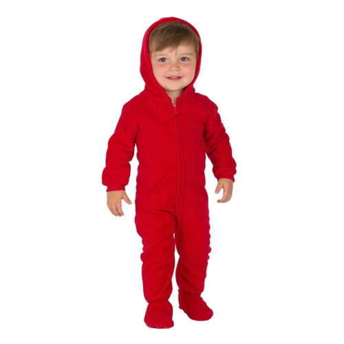 Footed Pajamas - Bright Red Infant Hoodie Fleece One Piece - Infant - Medium (Fits 3 - 6mos.)