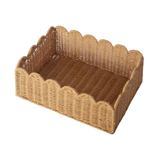 Scalloped Basket, Wicker Storage Baskets, Hand Woven Baskets for Shelves,Natural Baskets for Organizing (M-14" L x 10.5" W x 6" H)