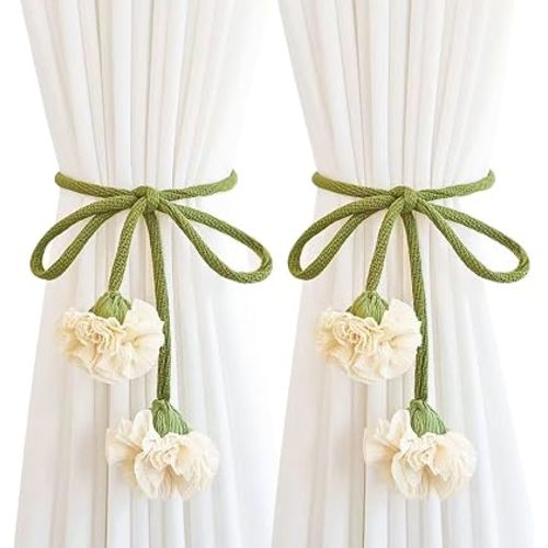 Handmade Curtains Tiebacks, Boho Flower Curtain Tie Backs Curtain Holder Tie Backs for Curtains Braided,Cute Flower Curtain Ties Decorative Rope for Bedroom Window Treatment (Milk White)