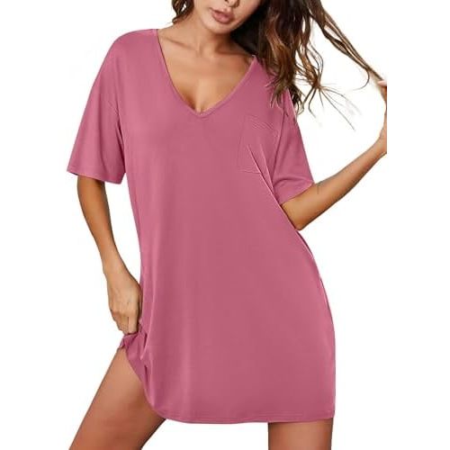 Ekouaer Nightgowns for Women Bamboo Viscose Sleepshirt Short sleeve Nightshirt V Neck T shirt Night gown Boyfriend Sleepwear