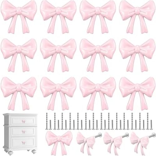 Hotop 15 Pack Pink Bow Dresser Knobs Cabinet Drawer 2 Screws, 1.57 Inch