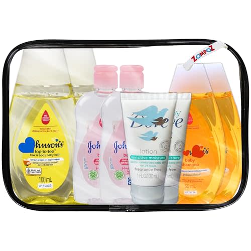 Bath Essentials Travel Kit, 8 Piece TSA Approved Travel Size Bottles Toiletries Kit, Baby Shampoo (2) Top to Toe Body Wash (2) Baby Oil (2) Baby Sensitive Lotion(2)
