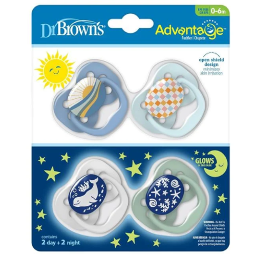 Dr. Brown 4Pk Advantage Glow-in-the-Dark Baby Pacifier, Blue Ocean
