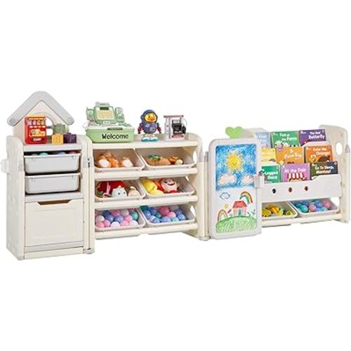 VEVOR Kids Toy Storage with Bookshelf, 4-Tier Large Toy Storage Organizer with 10 Plastic Movable Bins, Kids Cubby Cabinet with Bookshelf and Drawing Board for Study Room, Playroom, Classroom, Nursery
