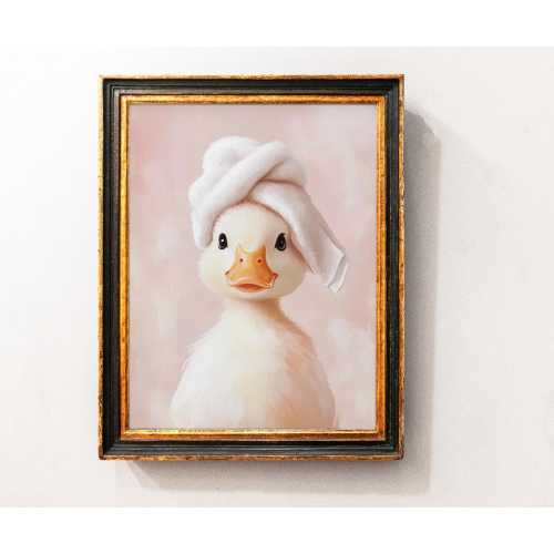 Cute Duck with pink towel bathroom Wall Art Print, Vintage Duck Nursery art Decor,  Trendy Aesthetic Bathroom Decor, Duck Goose Art Poster