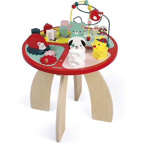 Janod Baby Forest Wooden Activity Table – Multi-Activity Play Center with 4 Play Areas Including Stacking Animals, Maze, Gears & Cubes – Helps Dexterity & Imagination, Ages 1+ - J08018