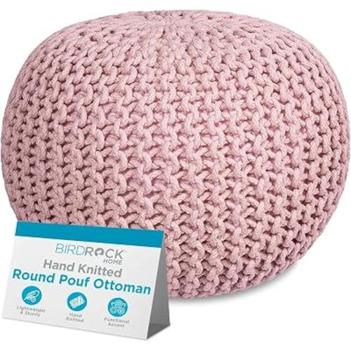 BIRDROCK HOME Round Pouf Ottoman Foot Rest - 18.5”x18.5”x15” Boho Compact Comfortable Soft Cotton Braided Foot Stool with Bean Bag Filling for Living Room, Bedroom, or Nursery (Dusty Rose)
