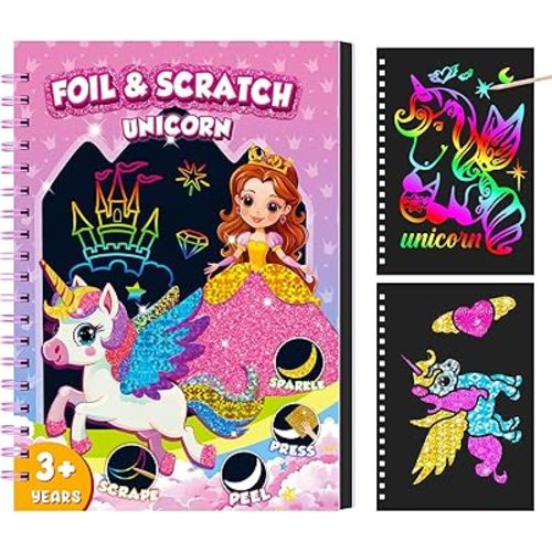 homicozy Art & Craft Activity for Kids: Foil Fun Unicorns and Princess & Scratch Art Book 2-in-1,No Mess Art Crafts for Girls,DIY Creative Activity Kit,Gifts for Girls Ages 4,5,6,7,8,9, Travel Toys