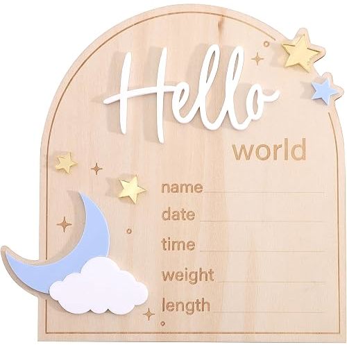 Moon And Stars Hello World Birth Announcement Sign - Wooden Hello World Newborn Decoration, With Star Moon Cloud Design, Birth Stats Keepsake Sign, Newborn Birth Announcement Board