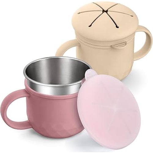 BUSOHA 2 Pack Stainless Steel Snack Containers – 4 IN 1 Spill Proof Snack Cup for Kids with Silicone Lids,Reusable Toddler Snack Containers,Metal Food Storage for Lunch Box,Travel,Pink + Beige