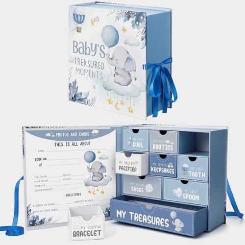 Beeveer Baby Keepsake Box Newborn Memory Organizer with 9 Labeled Compartments First Keepsake Book Gift Box for Pregnancy Mother"S Day Baby Shower New Maternity(Woodland)