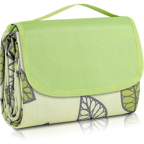 ADRIMER Large Picnic Blanket 77" x 79", Outdoor Waterproof Picnic Mat, Portable Beach Blanket for Family, Beach, Park, Camping, Hiking, Green Leaf