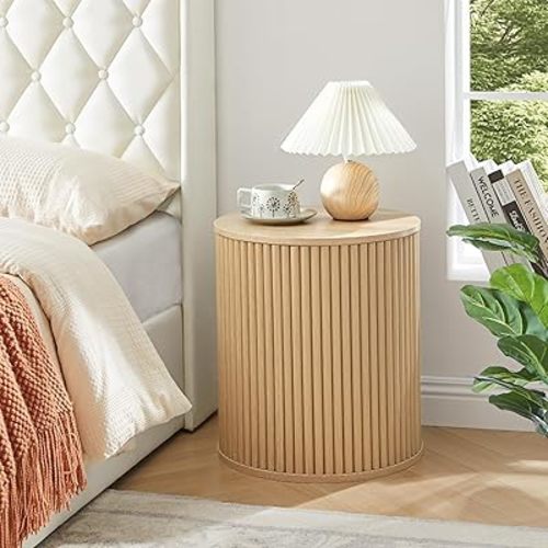 AVZEAR Fluted Round Side Table with Storage, Small End Table Modern Boho Nightstands, Circle Bedside Tables Bohemian Accent Table Wood Night Stand for Small Spaces, Living Room, Bedroom (Nature)