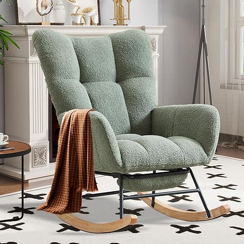 Rocking Chair Nursery with Foot Rest,Upholstered Glider Chair with High Backrest, Rocker Accent Armchair with Solid Wood Legs for Nursery Bedroom Living Room(Light Green)