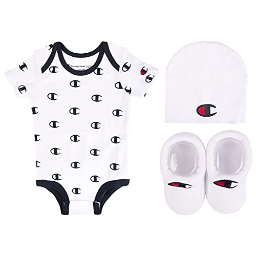 Champion unisex-baby 3-pc Box Set Includes an Infant Body Suit, a Bib Or Hat & Pair of Booties in Colors and Size 0-6m
