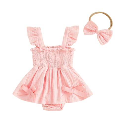 Baby Girl Linen Clothes Romper Dresses Solid Color Ruffle Dresses with Headband Summer Infant Girl Outfit