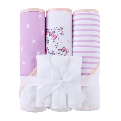 Mooreeke Baby Towel with Hood for Girls Purple Unicorn Bath Towel for Babies Ultra Soft Absorbent 3 PCS Baby Towels and 3 PCS Washcloths for Newborn Essentials