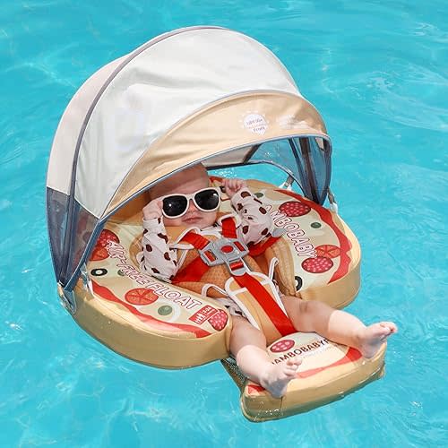 Mambobaby Float with Canopy Baby Swim Float - AnjeeIOT Baby Pool Floats Non Inflatable for Swimming Safety Swim Tranier Upgraded Tail Solid Swimming Float for Infant Toddler 3-24 Months, Pizza