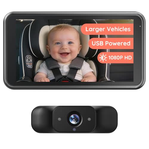 Babyvue BV5 Baby Car Camera 1080P, Dual USB Powered for Large Vehicles, IR Night Vision, 5.2” Display with Rear-Facing Car Seat Camera, Easy Installation for Infant & Toddler