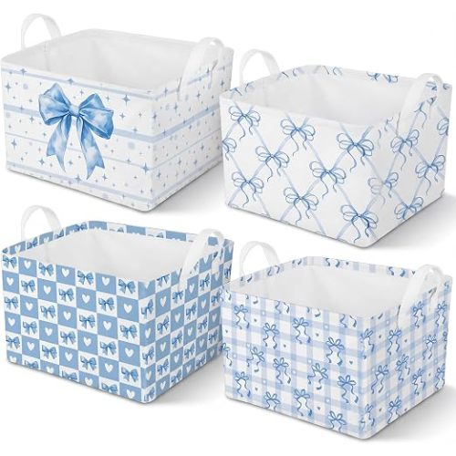 4pcs 4 Pcs Blue Bow Storage Basket for Gifts Collapsible Girls Coqutte Blue Storage Bins with Handle Cute Preppy Foldable Laundry Organizer for Home Bathroom Bedrooms Baby Clothes Toys Books