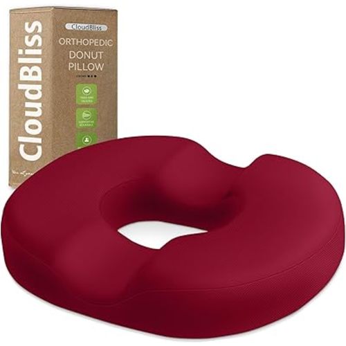 CloudBliss Donut Pillow Seat Cushion Chair Pad for Tailbone Pain Relief and Hemorrhoids, Memory Foam Seat Chair Cushion for Men and Women for Home & Office, (Red)