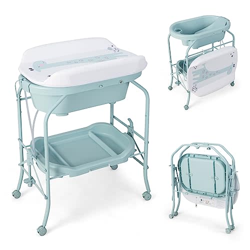 HONEY JOY 2-in-1 Baby Bathtub & Changing Table, Foldable Infant Diaper Changing Station with Wheels, Storage Tray, Waterproof Pad, Portable Newborn Nursery Organizer Bath Stand for Boys Girls (Blue)