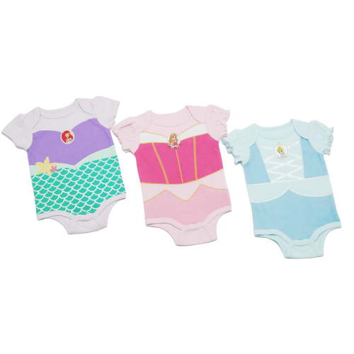 Disney Clothes Baby Girls 3-Pack Bodysuits – Princess Short Sleeve Outfit Set (Pink/Purple/Blue) – 0/3M