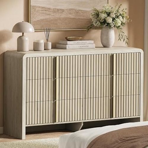 Fluted 6 Drawer Dresser for Bedroom, 53.2" Wide Chest of Drawers, Modern Storage Cabinet with Anti-Tip Design, Wood Clothes Organizer with Metal Handles, Grey