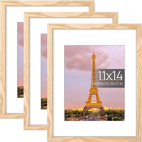 upsimples 11x14 Picture Frame Set of 3, Made of High Definition Glass for 8x10 with Mat or 11x14 Without Mat, Wall and Tabletop Display Photo Frames, Natural