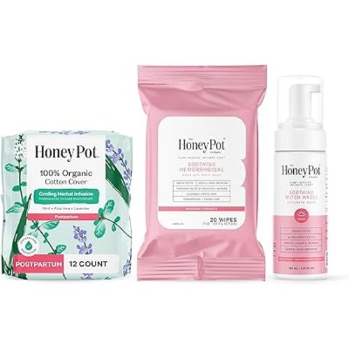 The Honey Pot Company - Postpartum Pads, Wash, & Wipe Bundle - Postpartum Essentials - 12ct Pads, Witch Hazel Feminine Wash, 20ct Witch Hazel Feminine & Hemorrhoid Wipes