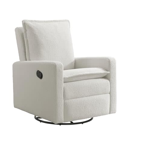 Oxford Baby Uptown Upholstered Glider Recliner Rocking Chair 360 Swivel for Nursery and Living Room - Boucle White, Green Guard Gold Certified