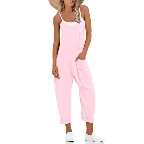 Lentta Women's Causal Jumpsuits V Neck Sleeveless Harem Overalls Stretchy Adjustable Strap Romper with Pockets