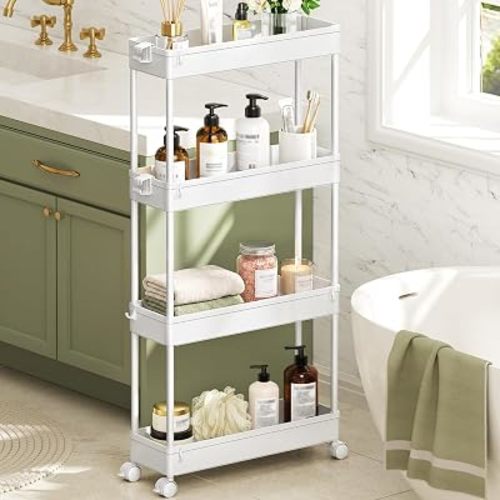 SPACEKEEPER Slim Rolling Storage Cart, 4 Tier Bathroom Cart Organizer,White