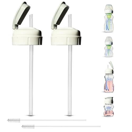 Flip Top Straw Lid for Dr. Brown's Natural Flow Anti-Colic Options+ Wide-Neck Baby Bottles, 2-Count, Cleaning Brush, Food Grade Silicone, BPA-Free, Spill-Proof, Converts to Straw Bottle, 6+ Months