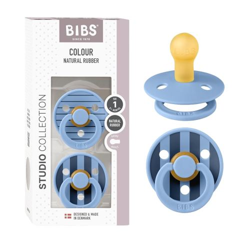 BIBS Pacifiers - Colour Studio 2 Pack | Round Nipple Baby Pacifier | BPA Free Natural Rubber Latex Soother | Made in Denmark | Size 0+ Months | Pin Sky Blue