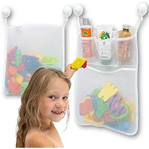 2 x Mesh Bath Toy Organizer + 8 Ultra Strong Hooks – The Perfect Bathtub Toy Holder & Bathroom or Shower Caddy – These Multi-use Net Bags Make Baby Bath Toy Storage Easy – For Kids & Toddlers