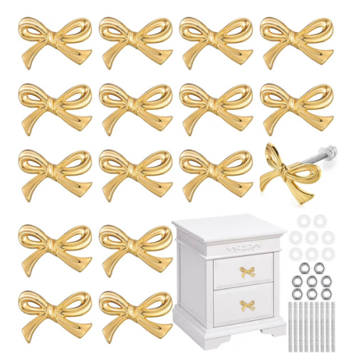 Gold Bow Drawer Knobs Brass Bow Knobs for Dresser Decorative Brass Drawer Pulls Vintage Cabinet Handles for Home Bedroom Kitchen Cabinets Hardware Cupboard(Large Size,Gold,16 Pcs)