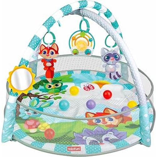 Winfun Multi-Function Play Gym and Ball Pit for Newborn Babies 3 Stages of Play (Lay and Play, Tummy Time, Sit-Up Fun), Colorful Woodland Rattles, Baby-Safe Mirror 15 Soft Balls, 31" Play Space