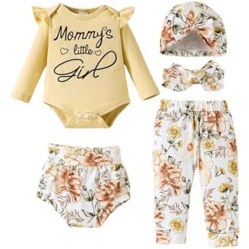 SUNNY PIGGY Baby Girl Clothes Infant Newborn Girls Outfits Romper with Headband Hat Pants Shorts Set 5Pcs