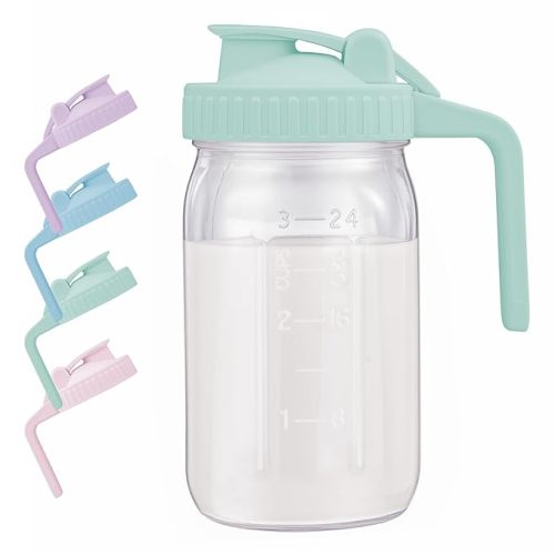 Breast Milk Pitcher with Leak Proof Flip Cap & Pour Spout, 32 oz Wide Mouth Mason Jars for Breast Milk Storage Container, Glass Picther with Lid for Cold Brew Coffee, Sun Tea, Juices, Green