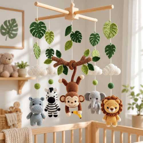 Crochet Safari Animal Baby Mobile, Jungle Crib Decor, Monkey Zebra Lion Elephant Handmade