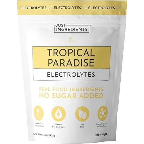 JUST INGREDIENTS Tropical Paradise Electrolytes Drink Mix - Coconut Water, Sea Salt, Trace Minerals - Powder - 30 Servings