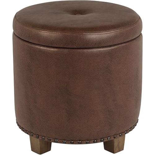 Homepop Home Decor | Upholstered Round Storage Ottoman with Nailheads| Ottoman with Storage for Living Room & Bedroom, Brown Faux Leather