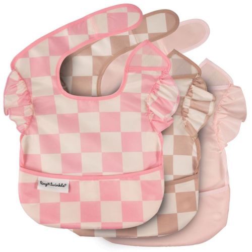 Tiny Twinkle Mess-Proof and Waterproof Baby Food Bib for Boys or Girls, Machine Washable and BPA-Free w/Adjustable Closure (3-Pack, Checkers Girl)